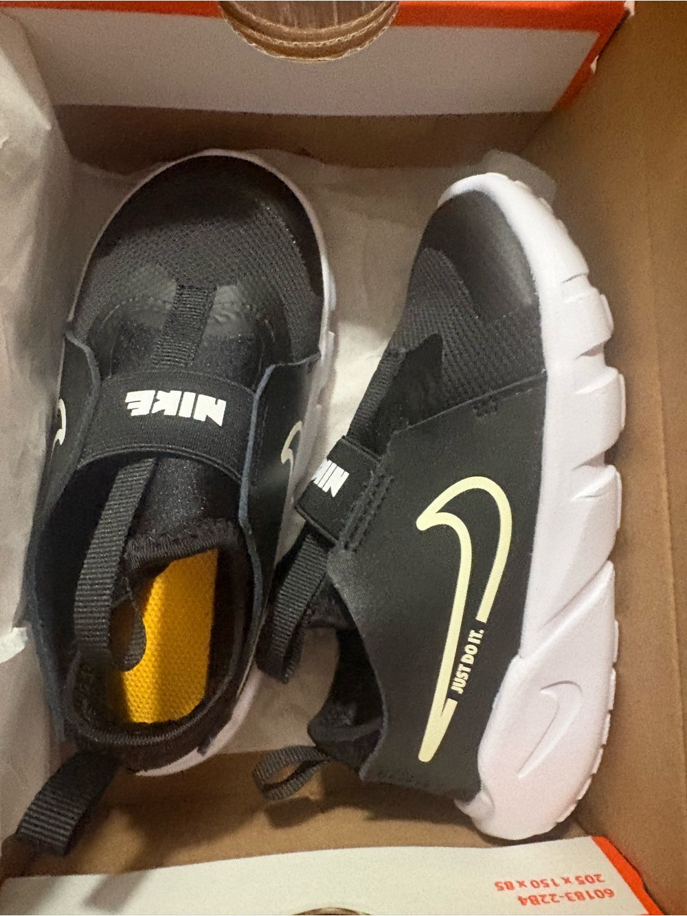 Nike Black Sneakers with White Sole and Yellow Swoosh - Kids